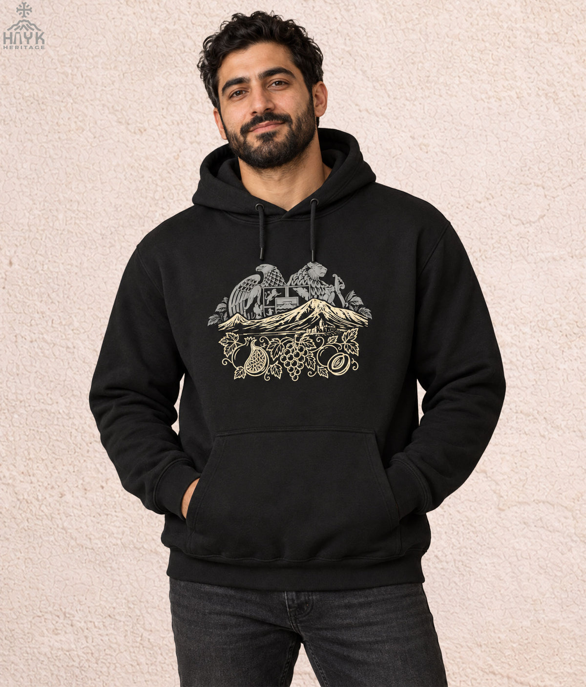Harvest of Ararat 3-panel pullover hoodie by Hayk Heritage, Mount Ararat and coat of arms back print