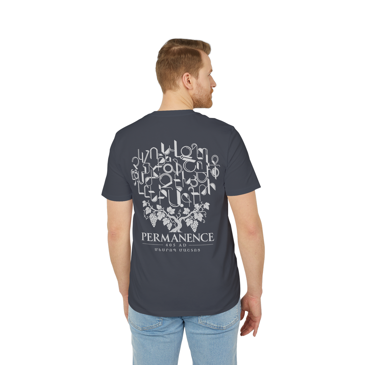 Permanence 405 AD t-shirt, India Ink Grey EU variant, Armenian letters and rooted grapevine design