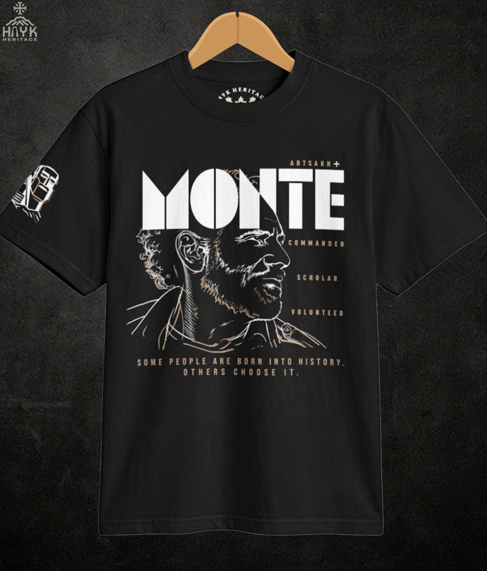 Monte Melkonian Armenian t-shirt in black, front view with portrait and Tatik-Papik sleeve print