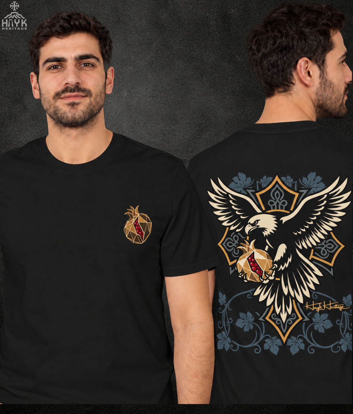 Carried Forward Armenian eagle and pomegranate t-shirt by Hayk Heritage, front chest design