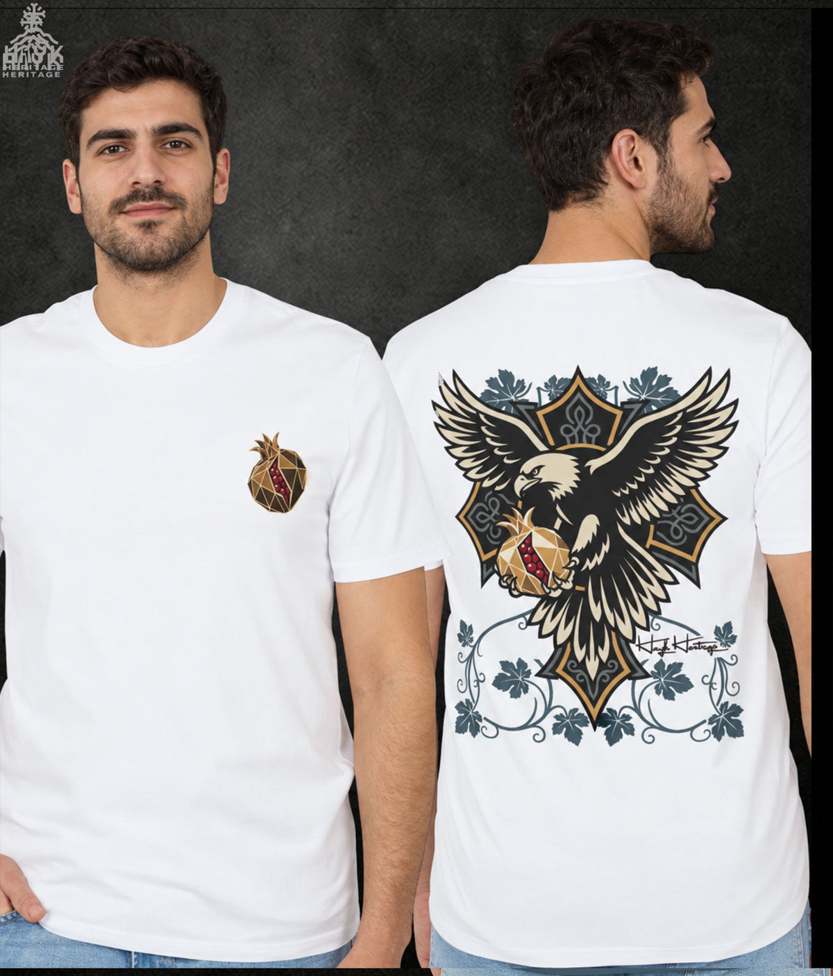 Carried Forward tee by Hayk Heritage — eagle holding a pomegranate in its talons, back print
