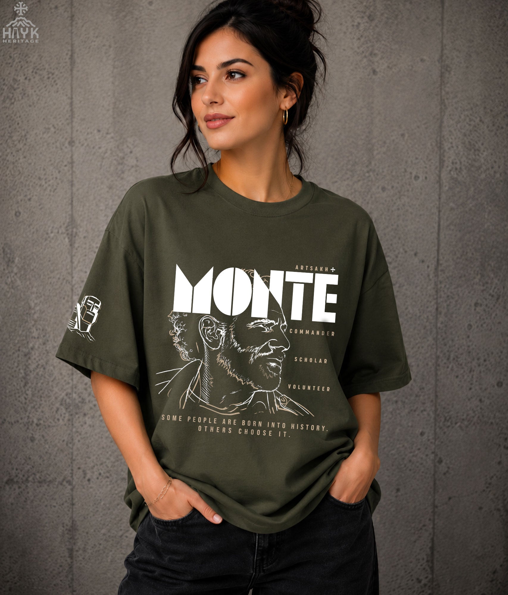 Woman wearing Monte Melkonian Armenian t-shirt, front view